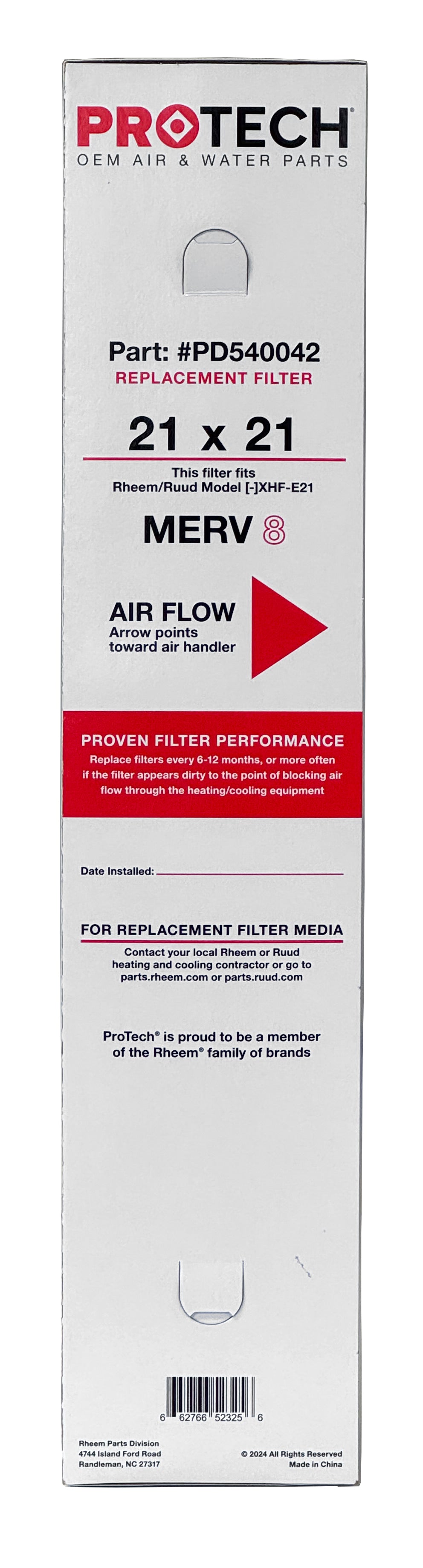 Rheem PD540042 - 21" x 21" x 5" Exact-Fit Filter for Air Cleaner AXHF-E21AM, MERV 8