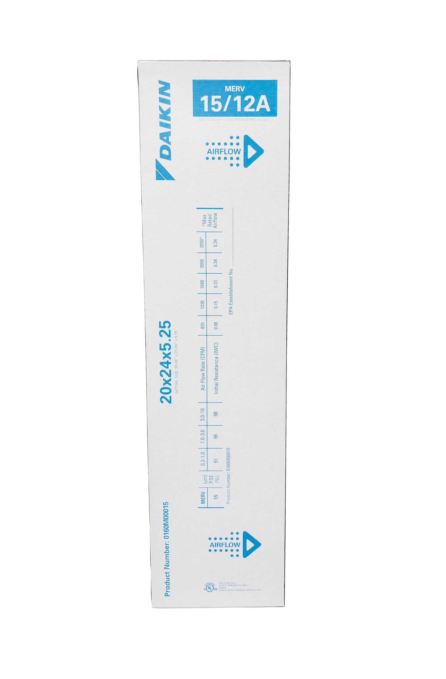 Daikin 0160M00015 - 20" x 24" x 5" Pleated MERV 15 Replacement Filter for DV15-2124-AD
