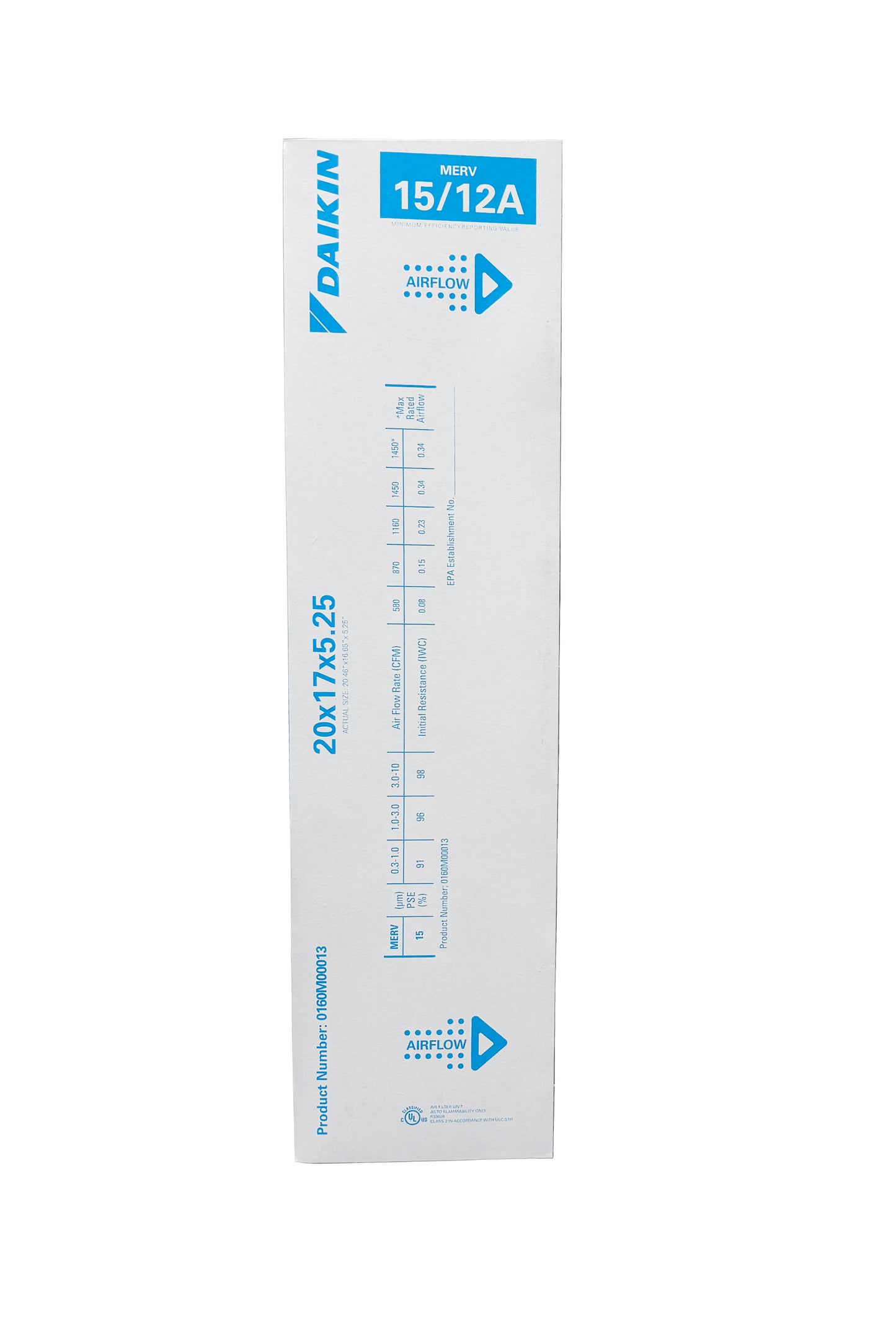 Daikin 0160M00013 - 17" x 20" x 5" Pleated MERV 15 Replacement Filter for DV15-2117-AB