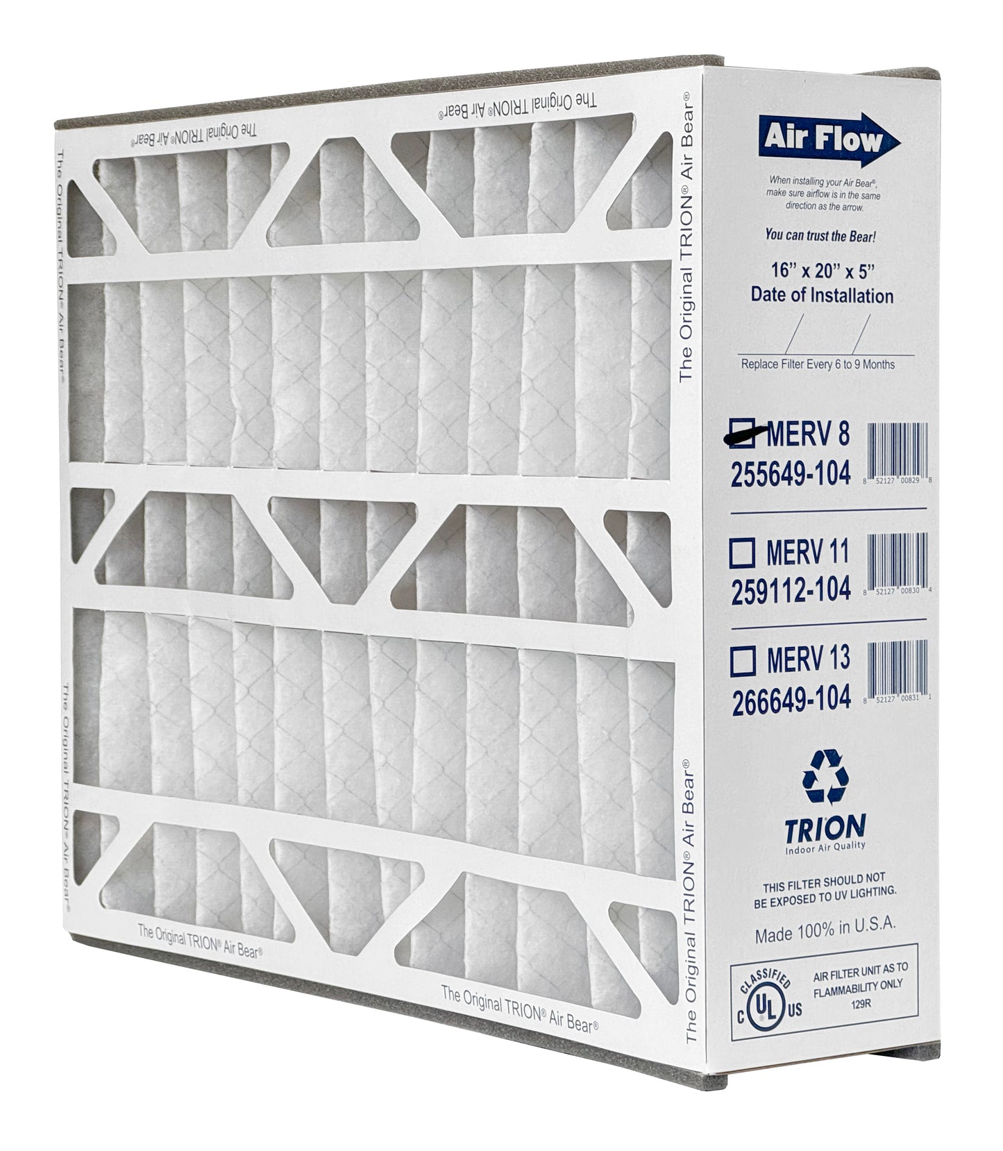 Trion Air Bear TRION 255649-104 - 16" x 20" x 5" Pleated Air Filter, MERV 8