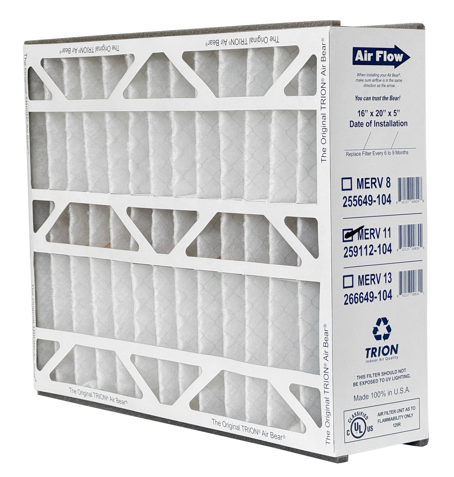 Trion Air Bear TRION 259112-104 - 16" x 20" x 5" Pleated Air Filter, MERV 11